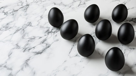 A modern, monochrome Easter display with black Easter eggs arranged in a geometric pattern on a white marble surface, creating a chic, contemporary lookの素材