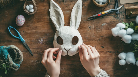 A person making a DIY Easter bunny mask out of cardboard, glitter, and cotton, with craft scissors and glue on the workspaceの素材