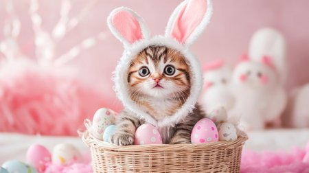 A playful kitten dressed in a cute bunny outfit, complete with bunny ears and a fluffy tail, sitting in an Easter basket surrounded by soft pastel decorationsの素材