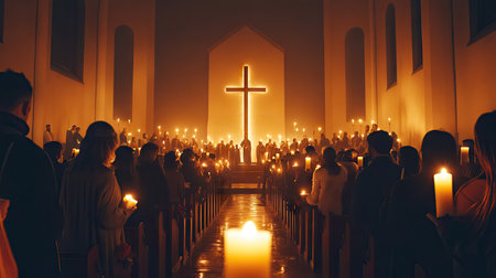 A prayerful Easter Sunday service with worshippers holding candles, a large cross in the foreground, and soft light streaming inの素材
