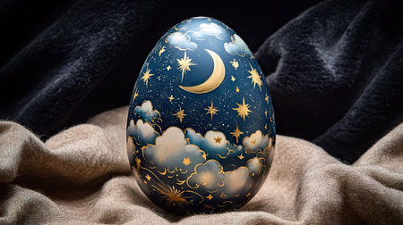 A rare hand-painted Easter egg featuring a celestial design of stars, moons, and clouds, set on a soft velvet surface with delicate lighting highlighting its beautyの素材