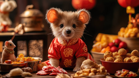 A puppy dressed as the Chinese zodiac rat, wearing a cute red outfit with mouse ears and a tail, surrounded by festive food and treats.の素材