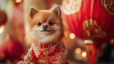 A small dog dressed in a Chinese New Year costume resembling a golden dragon, with sparkling details, sitting in front of a giant decorative lantern.の素材