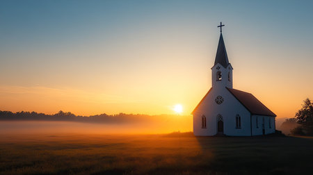 A serene sunrise over a church with a cross on the steeple, symbolizing the resurrection and hope of Easter morningの素材