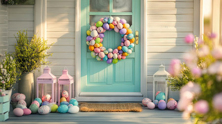 A vibrant Easter entryway decorated with a colorful wreath made of Easter eggs, surrounded by pastel lanterns, and a welcoming doormat.の素材