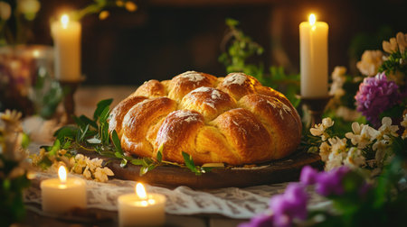 A traditional Easter bread shaped like a cross, with candles and fresh flowers on a table, evoking spiritual celebrationsの素材