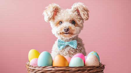 A small dog wearing a cute Easter bunny costume, complete with floppy ears and a pastel-colored bow tie, sitting in a basket filled with colorful eggsの素材