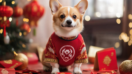 A small dog wearing a Chinese New Year sweater with a zodiac symbol on it, surrounded by festive red envelopes and decorations.の素材