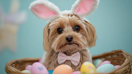 A small dog wearing a cute Easter bunny costume, complete with floppy ears and a pastel-colored bow tie, sitting in a basket filled with colorful eggsの素材