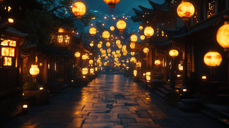 A street illuminated by rows of glowing artisanal Chinese New Year lanterns, creating a warm and festive atmosphere at dusk.の素材