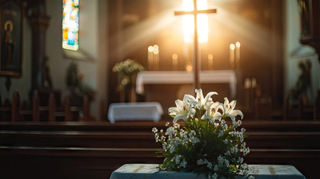 A soft focus of a church altar with a white lily centerpiece and a cross, representing the spiritual renewal of Easterの素材