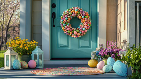 A vibrant Easter entryway decorated with a colorful wreath made of Easter eggs, surrounded by pastel lanterns, and a welcoming doormat.の素材