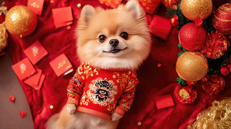 A small dog wearing a Chinese New Year sweater with a zodiac symbol on it, surrounded by festive red envelopes and decorations.の素材