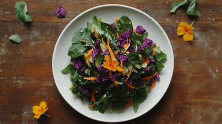 A vibrant vegan Easter salad with fresh greens, colorful vegetables, and a tangy dressing, served on a minimalist white plate with a rustic wooden tableの素材