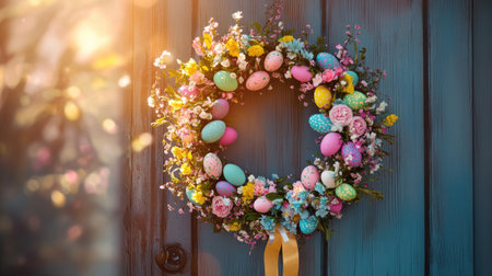 A vibrant Easter wreath being assembled with pastel-colored eggs, flowers, and ribbons, hanging from a wooden door with spring sunlight shining through.の素材