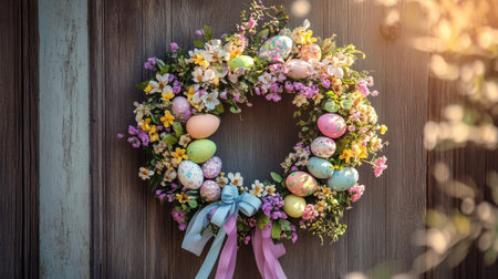 A vibrant Easter wreath being assembled with pastel-colored eggs, flowers, and ribbons, hanging from a wooden door with spring sunlight shining through.の素材