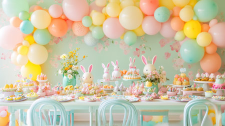A vibrant Easter party setup with colorful balloons, bunny-themed plates, and a festive table filled with treats and decorations.の素材