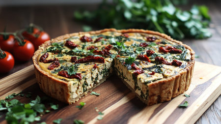 A vegan Easter quiche made with tofu, spinach, and sun-dried tomatoes, beautifully sliced and served on a wooden cutting board with a rustic feelの素材