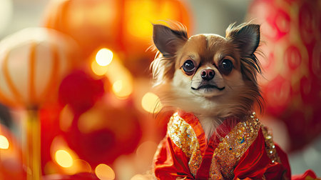 A small dog dressed in a Chinese New Year costume resembling a golden dragon, with sparkling details, sitting in front of a giant decorative lantern.の素材