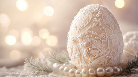 A vintage Easter egg with an antique-inspired design, featuring intricate lace details, pearls, and soft pastel hues, resting on an elegant table with soft, diffused lightingの素材