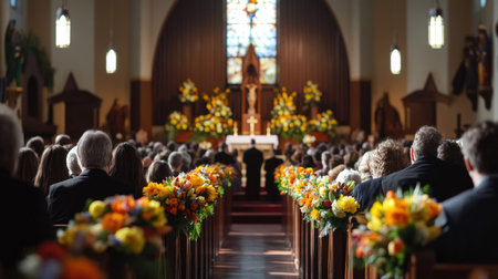 A wide shot of a crowded church filled with worshippers, attending an Easter Sunday service with colorful floral arrangements at the altar.の素材