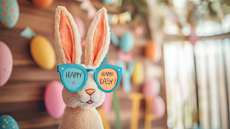 Easter photo booth at a party with props like bunny ears, colorful glasses, and 'Happy Easter' signs.の素材