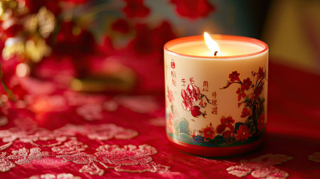 Close-up of a Chinese New Year candle engraved with the recipient's name and zodiac symbol, placed on a red tablecloth.の素材