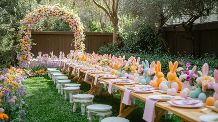 Outdoor Easter brunch with a long picnic table adorned with pastel tableware, flower garlands, and bunny-shaped placeholders.の素材