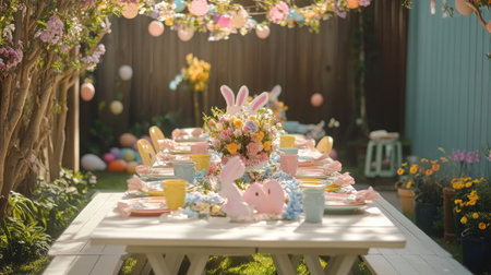 Outdoor Easter brunch with a long picnic table adorned with pastel tableware, flower garlands, and bunny-shaped placeholders.の素材