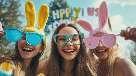 Easter photo booth at a party with props like bunny ears, colorful glasses, and 'Happy Easter' signs.の素材