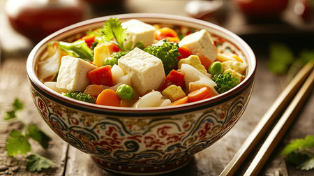 Vegan Chinese New Year Buddha's Delight, a medley of vegetables and tofu, served in a decorative bowl with chopsticks resting beside it.の素材