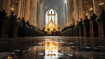 A wide shot of a traditional Easter Sunday service in a large cathedral, with worshippers gathered for prayer and reflection in front of a large cross.の素材