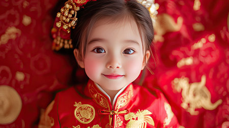 Close-up of customized Chinese New Year red envelopes with personalized names and gold zodiac symbols, arranged on a festive red tablecloth.の素材