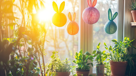 Eco-friendly Easter decorations including cloth bunny garlands, potted plants, and recycled paper lanterns hanging in a sunlit roomの素材