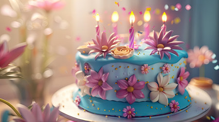 rendering of a sweet, colorful birthday cake, featuring intricate decorations and candles, perfect for celebrating with this inviting photo.の素材