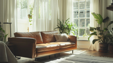 leather sofa sits in a modern living room with large windows, white curtains, and potted plants, creating a stylish and inviting space with this inviting photo.の素材