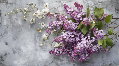 bouquet of blossoming purple lilac flowers and a white viburnum inflorescence on a gray background, creating a stunning contrast with this inviting photo.の素材