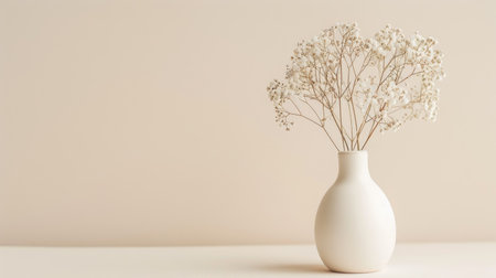 cream white vase containing dried flowers, elegantly displayed on a neutral background with this inviting photo.の素材