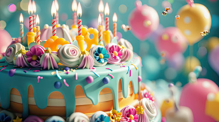 rendering of a sweet, colorful birthday cake, featuring intricate decorations and candles, perfect for celebrating with this inviting photo.の素材