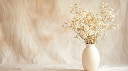 cream white vase holding a beautiful arrangement of dried flowers, set against a soft background for a serene look with this inviting photo.の素材