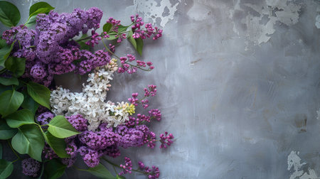 of purple lilacs and white viburnum inflorescence on a gray background, capturing the essence of springtime florals with this inviting photo.の素材