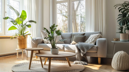 living room featuring a comfortable grey sofa and wooden coffee table, perfect for a relaxing and stylish home with this inviting photo.の素材