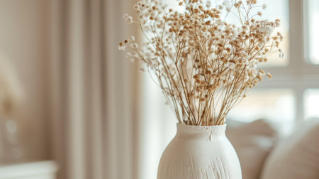 of a cream white vase filled with dried flowers, highlighting the rustic charm of the arrangement with this inviting photo.の素材