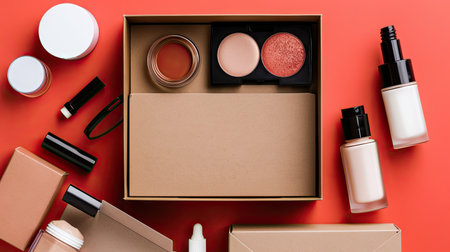 box for beauty subscription service with makeup and skincare products, including space for text to customize your message with this inviting photo.の素材