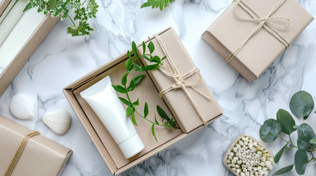 box for a beauty subscription service, elegantly displayed with space for text. Ideal for marketing and promotions with this inviting photo.の素材