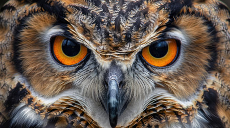 of an Eurasian Eagle Owl, capturing the intensity of its piercing eyes and fierce expression, with this inviting photo.の素材