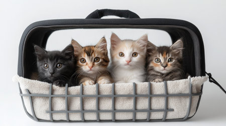 Experience a cozy moment with five adorable kittens resting together in a soft basket, showcasing their playful and charming personalities in a serene setting.の素材