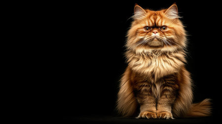 A striking portrait of a calm Persian cat with long, fluffy fur sitting against a dark background. The cat's composition exudes elegance and serenity.の素材