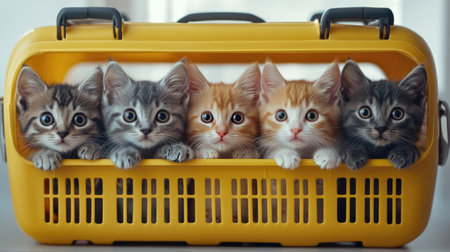 A cozy scene featuring five adorable kittens peering out from a vibrant yellow carrier, showcasing their unique colors and playful expressions. Perfect for cat lovers!の素材