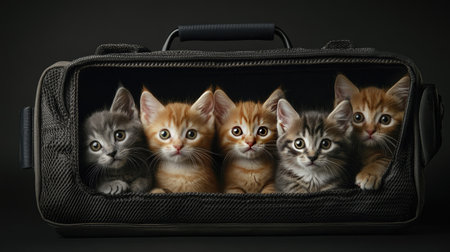 A heartwarming scene featuring five adorable kittens nestled together in a cozy carrier. Their playful expressions and soft fur make this image perfect for pet lovers.の素材